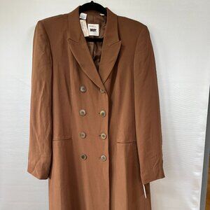 DKNY Woman's 10 Chestnut Brown Silk Double-Breasted Long Length Dress Jacket